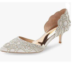 XYD Grey Elegant Pointed Toe D'Orsay Kitten Heel Rhinestone Studs Wedding Pump